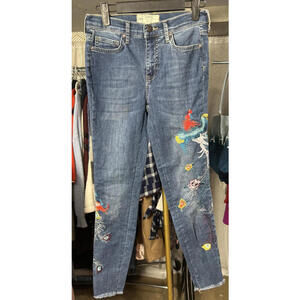 Free People Embroidered Raw Hem Denim Skinny Jeans Blue Size 25